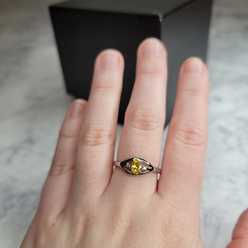 Three Stone Ring Yellow Stone Silver Ring Oval Cut